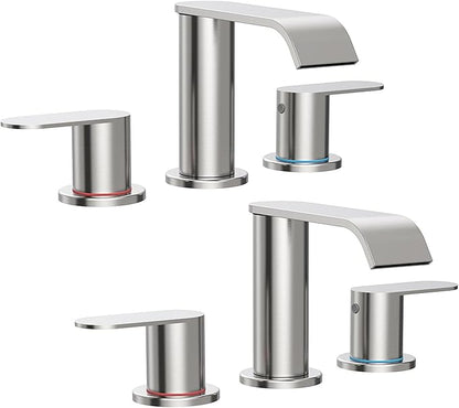 2 Pack Brushed Nickel Waterfall Bathroom Faucet for Sink 3 Hole Widespread | Bathroom Sink Faucets with Pop-up Drain and Supply Lines Stainless Steel 2-Handle Bathroom Sink Faucet by Homevacious