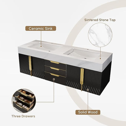 Bathroom Vanity with Sink, Modern Bathroom Vanity with Faux Marble Top, Gold Hardware & Soft-Close Drawers for Bathroom Storage (59.1 Inch, Black, Double Sink & Floating)