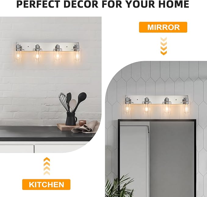 4 Lights Bathroom Light Fixtures Chrome Vanity Light with Clear Glass Shade 30in Modern Bathroom Lighting Fixtures Over Mirror for Bedroom/Living Room