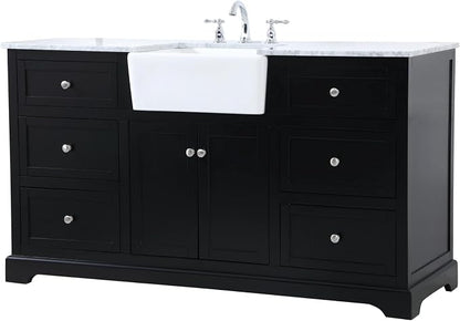 60" Pre-Assembled Bathroom Vanity with Sink, Solid Birch and MDF, Carrara White Marble Countertop Attached, Single Rectangle Porcelain Sink, 6 Soft-Close Drawers, Black