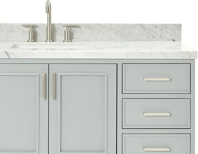 Langford 60-inch Grey Bathroom Vanity with Center Rectangle Single Sink, Italian Carrara Marble Countertop & Backsplash, Solid Wood Frame, Soft-Closing & Dovetail Drawers