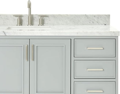 Langford 60-inch Grey Bathroom Vanity with Center Rectangle Single Sink, Italian Carrara Marble Countertop & Backsplash, Solid Wood Frame, Soft-Closing & Dovetail Drawers