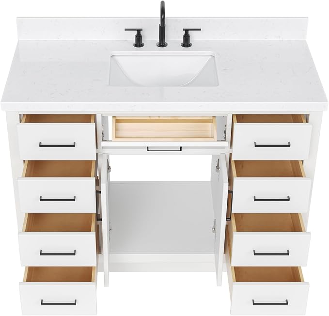 Isabella 48-Inch Bathroom Vanity with Sink — White Single Sink Bathroom Vanity, 1.5" Edge Carrara Quartz Countertop, Solid Wood, 2 Soft-Close Doors, 8 Dovetail Drawers + Tilt Drawer