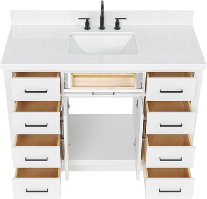 Isabella 48-Inch Bathroom Vanity with Sink — White Single Sink Bathroom Vanity, 1.5" Edge Carrara Quartz Countertop, Solid Wood, 2 Soft-Close Doors, 8 Dovetail Drawers + Tilt Drawer