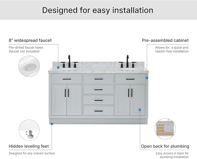 ARIEL Hepburn 66-inch Bathroom Vanity with Sink,Solid Wood, 1.5-inch Italian Carrara Marble Countertop & Backsplash, Double Oval Porcelain Sink, 4 Soft Closing Doors, 6 Dovetail Drawers, Grey