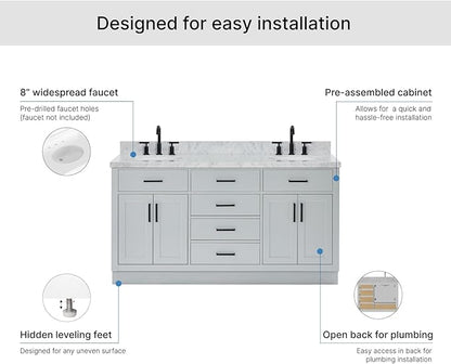ARIEL Hepburn 66-inch Bathroom Vanity with Sink,Solid Wood, 1.5-inch Italian Carrara Marble Countertop & Backsplash, Double Oval Porcelain Sink, 4 Soft Closing Doors, 6 Dovetail Drawers, Grey
