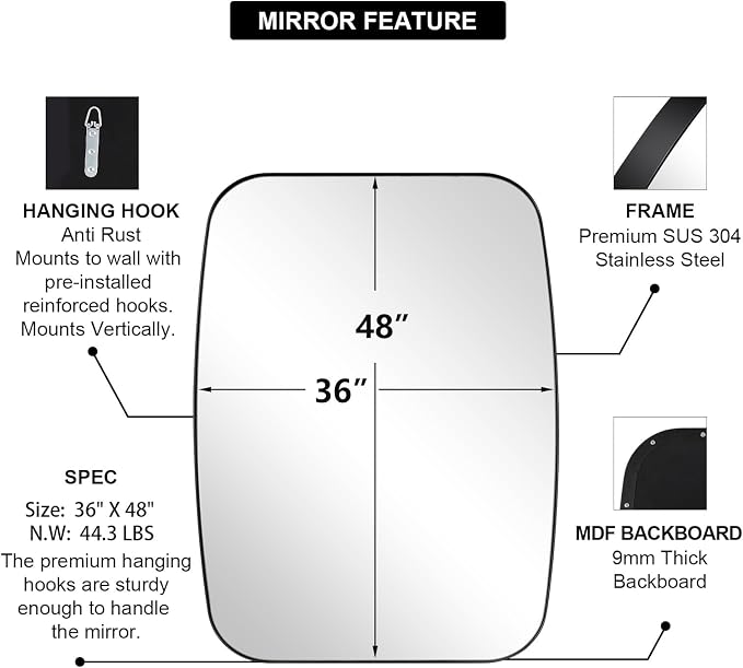 Black Oblong Mirror, 36x48 Inch Black Oval Mirror for Bathroom with Stainless Steel Metal Frame, Wall Mouned for Bathroom, Living Room, Entryway