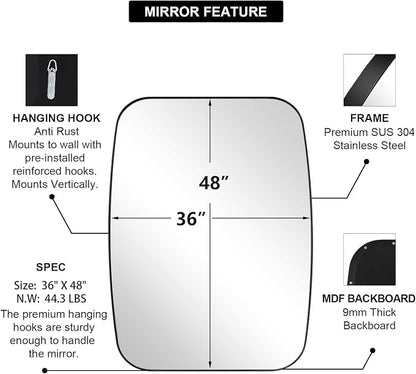Black Oblong Mirror, 36x48 Inch Black Oval Mirror for Bathroom with Stainless Steel Metal Frame, Wall Mouned for Bathroom, Living Room, Entryway