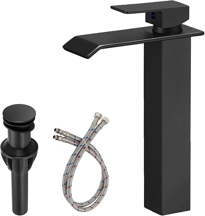 Black Bathroom Vessel Sink Faucet, Waterfall Bathroom Faucet, Vessel Faucet, Tall Body High 1 Hole Single Handle with Pop Up Drain Without Overflow Combo