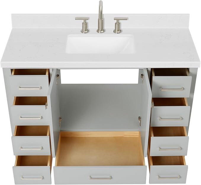 DKB Beckford 48-Inch Bathroom Vanity with Sink — Grey Single Sink Bathroom Vanity, 1.5" Edge Carrara White Quartz Countertop, Solid Wood, 2 Soft-Close Doors, 9 Dovetail Drawers