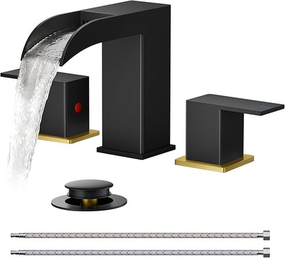 FORIOUS Square Black and Gold Bathroom Faucets 3 Hole, Waterfall 8 Inch Widespread Bathroom Sink Faucet with Metal Pop-up Drain and Supply Lines, Two Handles for Vanity, Laundry Room, Basin