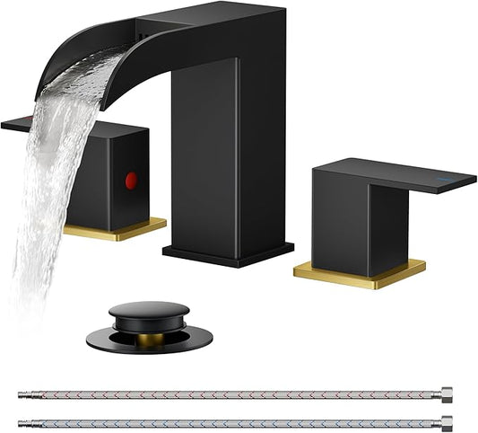 FORIOUS Square Black and Gold Bathroom Faucets 3 Hole, Waterfall 8 Inch Widespread Bathroom Sink Faucet with Metal Pop-up Drain and Supply Lines, Two Handles for Vanity, Laundry Room, Basin