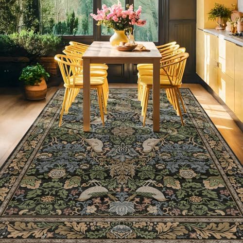 Vintage 9x12 Dining Room Rugs for Under Table - Dark Botanical & Bird Patterned Rugs for Living Room, Bedroom Under Bed, Traditional Cottage Brown and Green Décor, Washable Non Slip Folable Carpet