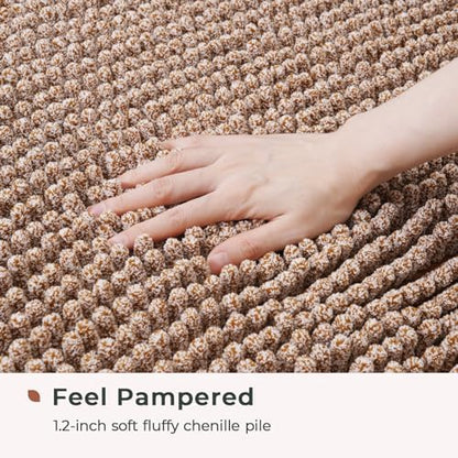 FRESHMINT Chenille Bath Rugs Extra Soft and Absorbent Microfiber Shag Rug, Non-Slip Runner Carpet for Tub Bathroom Shower Mat, Machine-Washable Durable Thick Area Rugs (Caramel Heather, 24" x 17")