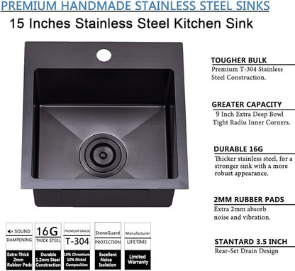 15x15 Drop In Black Bar Sink, 15 Inch Stainless Steel Top Mount Gunmetal Black 16 Gauge Single Bowl Small Kitchen Outdoor RV Sink with Strainer Drain