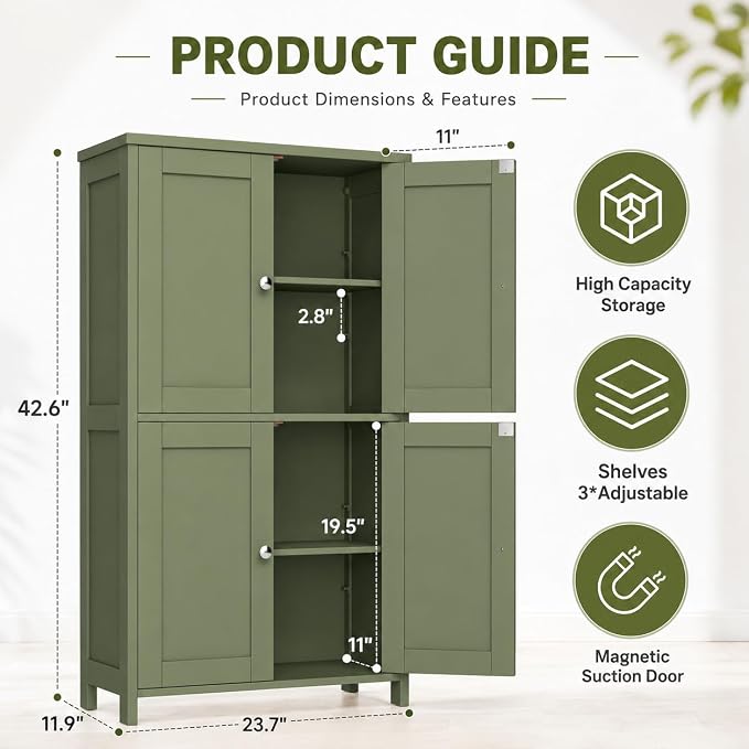 Nuturelly Bathroom Floor Storage Cabinet, 4 Doors, Anti-Tip, Pale Green | 23.7"D x 11.9"W x 42.6"H, Adjustable Shelves, Shaker style, 5-position Shelves, Rounded Corners, Easy Assembly