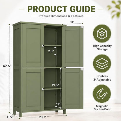 Nuturelly Bathroom Floor Storage Cabinet, 4 Doors, Anti-Tip, Pale Green | 23.7"D x 11.9"W x 42.6"H, Adjustable Shelves, Shaker style, 5-position Shelves, Rounded Corners, Easy Assembly