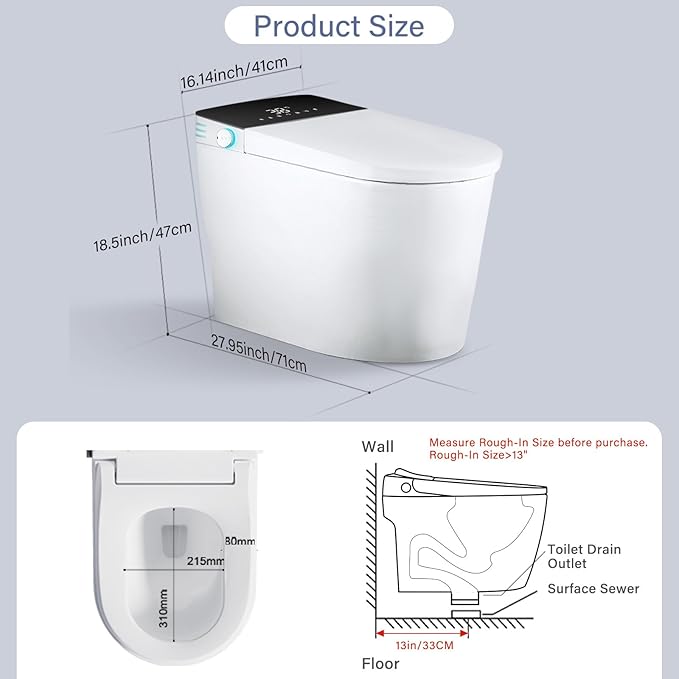 Smart Toilet, One Piece Bidet for Bathrooms, Modern Elongated Toilet with Warm Water, Dual Auto Flush, Foot Sensor Operation, Heated Bidet Seat, Electric Tankless Toilets with LED Display