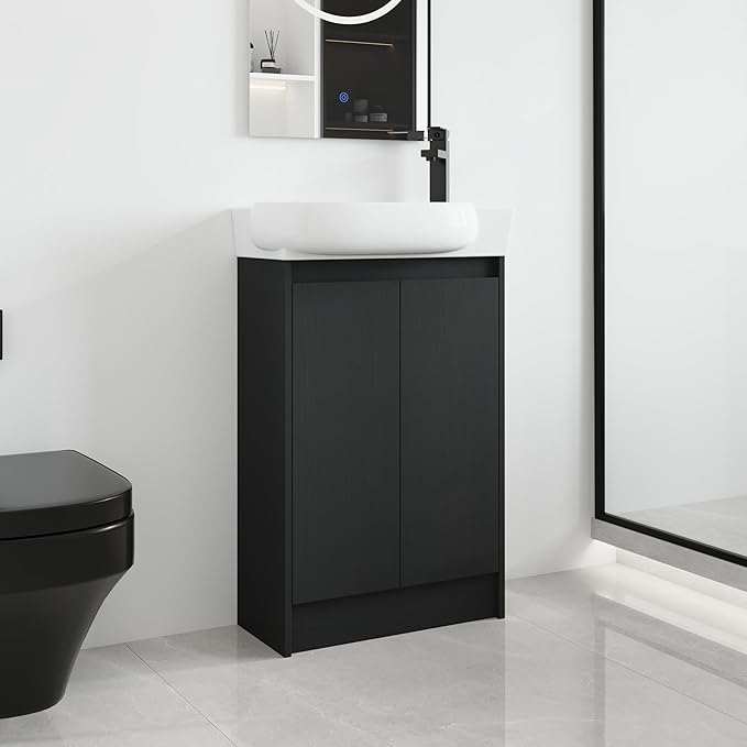 Malwee 23 Inch Freestanding Bathroom Vanity with Sink, 23'' Floor Stand Single Sink Bathroom Vanity Combo, Modern Black Cabinet Set with 2 Doors and Ceramics Basin Top, Ajustable Shelf.MA02923BCT