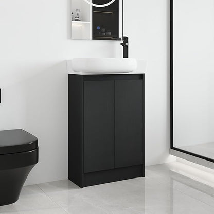 Malwee 23 Inch Freestanding Bathroom Vanity with Sink, 23'' Floor Stand Single Sink Bathroom Vanity Combo, Modern Black Cabinet Set with 2 Doors and Ceramics Basin Top, Ajustable Shelf.MA02923BCT