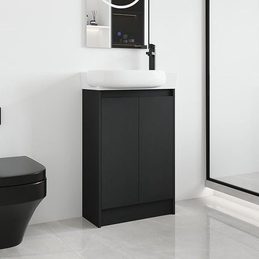 Malwee 23 Inch Freestanding Bathroom Vanity with Sink, 23'' Floor Stand Single Sink Bathroom Vanity Combo, Modern Black Cabinet Set with 2 Doors and Ceramics Basin Top, Ajustable Shelf.MA02923BCT