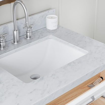 ARIEL Monroe 72-inch Bathroom Vanity with Sink,Solid Wood, 1.5-inch Italian Carrara Marble Countertop & Backsplash, Double Oval Porcelain Sink, 9 Dovetail Drawers, Brushed Nickel, White