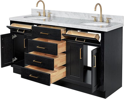 ARIEL Hepburn 66-inch Bathroom Vanity with Sink,Solid Wood, 1.5-inch Italian Carrara Marble Countertop & Backsplash, Double Oval Porcelain Sink, 4 Soft Closing Doors, 6 Dovetail Drawers, Black Oak