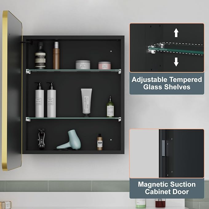 20x28 Inch Medicine Cabinet with Mirror, Recessed or Surface Mount Bathroom Medicine Cabinet with LED Lights, Anti-Fog, Memory Function, Adjustable Shelf, Dimmable Light, ETL Listed, Gold, Left Hinge
