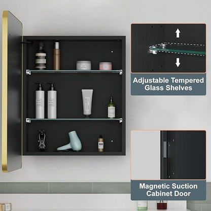 20x28 Inch Medicine Cabinet with Mirror, Recessed or Surface Mount Bathroom Medicine Cabinet with LED Lights, Anti-Fog, Memory Function, Adjustable Shelf, Dimmable Light, ETL Listed, Gold, Left Hinge