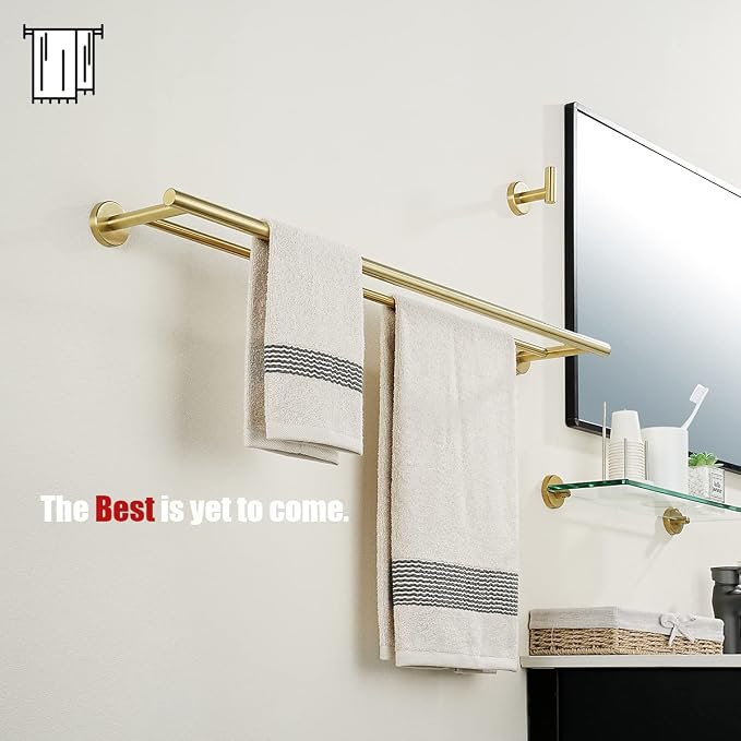 JQK Double Bath Towel Bar, Brushed Gold 33 Inch 304 Stainless Steel Thicken 0.8mm Towel Rack for Bathroom, Towel Holder Wall Mount, Useable Length 30 Inch, TB100L30-BG