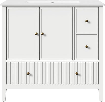 RoyalCraft 36'' Bathroom Vanity with Ceramic Sink Combo Set, Modern Wood Bathroom Cabinet with Soft Closing Doors and Fluted Drawers, Free Standing Storage Cabinet, White