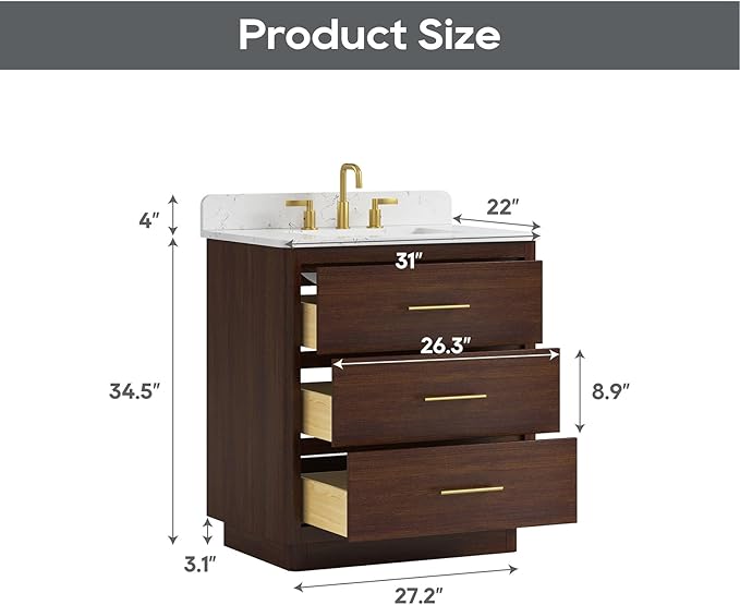 30 Inch Bathroom Vanity with Sink, Solid Wood Frame with Engineered Marble Countertop, Fully-Assembled Vanity with Soft-Close Drawers, Adjustable Feets, Warm Elm