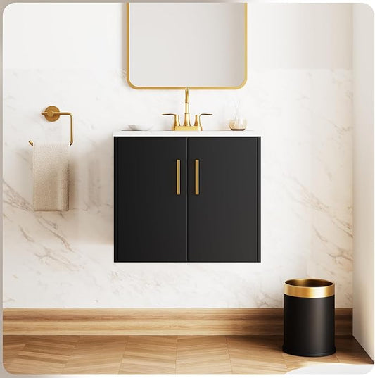 phiestina Pre-Assembled 24 Inch Black Floating Bathroom Vanity, Wall Mounted Cabinet with 2 Soft-Close Doors,3 Holes Ceramic Countertop Sink Combo,No Faucet,BV08-24-BLACK
