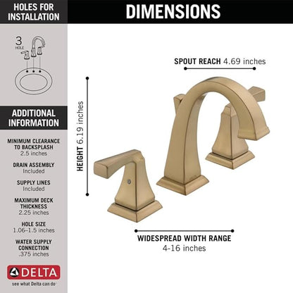 Delta Dryden Brushed Gold Bathroom Faucet 3 Hole, 8 Inch Widespread Bathroom Sink Faucet for Vanity, Metal Push-Pop Drain Assembly, Champagne Bronze 3551-CZMPU-DST
