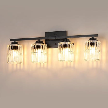 TALOYA Black 4-Light Bathroom Vanity Light with Fluted Cylinder Glass Shade | Modern Vanity Lighting Fixtures, Bathroom Lights Over Mirror, Wall Mount Mirror Light Fixtures for Bathroom Hallway Bedroom