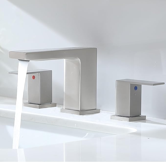 VC CUCINE Brushed Nickel 3 Hole Bathroom Faucet, 2 Handles, 8 Inch, Modern Vanity Sink Faucet with Drain and Supply Lines