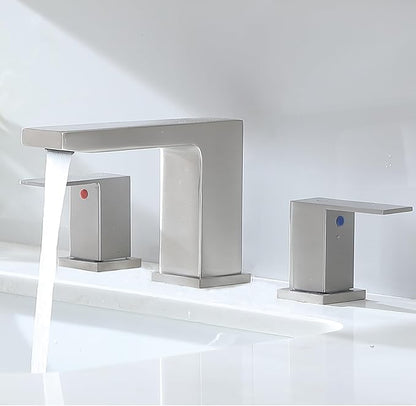 VC CUCINE Brushed Nickel 3 Hole Bathroom Faucet, 2 Handles, 8 Inch, Modern Vanity Sink Faucet with Drain and Supply Lines