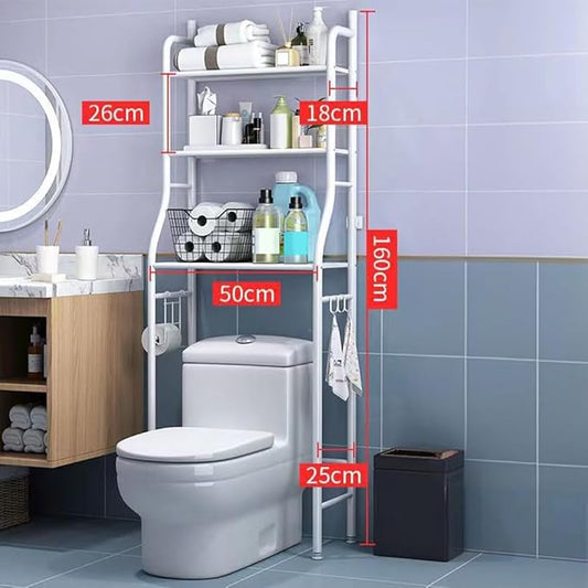 3-Tier Over The Toilet Storage, Over Toilet Bathroom Organizer, Freestanding Metal Bathroom Shelves, Over The Toilet Organizer with Hooks and Paper Holder, Space-Saving, White