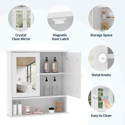 Bathroom Wall Cabinet with Mirrored Doors – Slim Medicine Cabinet with Adjustable Shelf – 2.2x23x5.1 Inch Compact Wall Cabinet for Bathroom, Kitchen, Laundry Room, Entryway