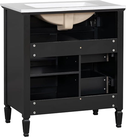 30" Bathroom Vanity with Ceramic Sink, 1 Flip Drawer & 2 Side Drawers, Modern Freestanding Storage Cabinet w/Adjustable Shelf & Golden Metal Handles, Solid Wood Frame, Black