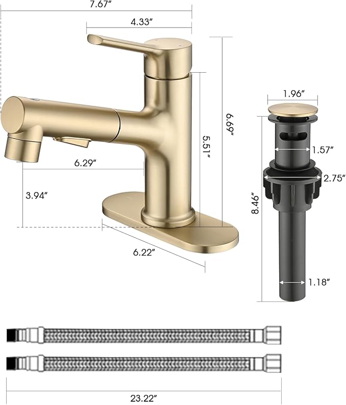Bathroom Sink Faucet with Pull Out Sprayer, Single Handle Modern Bathroom Basin Faucet with Pop-up Sink Drain Stopper & Deck Plate 1 or 4-inch Centerset 3 Hole, Gold