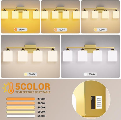 Quntis Gold Bathroom Light Fixtures 5 Colors Adjustable, 4-Light LED Bathroom Vanity Lighting with Milky White Frosted Glass Shade, Energy-Saving Light Over Mirror 28.3 inch