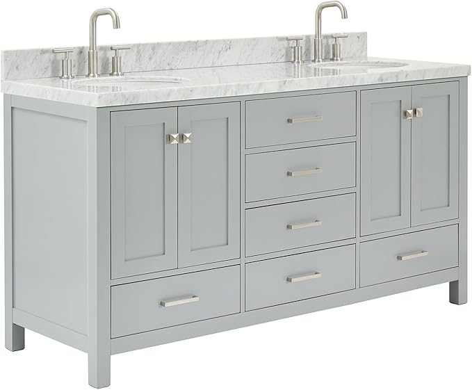 ARIEL Cambridge 66-inch Bathroom Vanity with Sink,Solid Wood, 1.5-inch Italian Carrara Marble Countertop & Backsplash, Double Oval Porcelain Sink, 4 Soft Closing Doors, 6 Dovetail Drawers, Grey