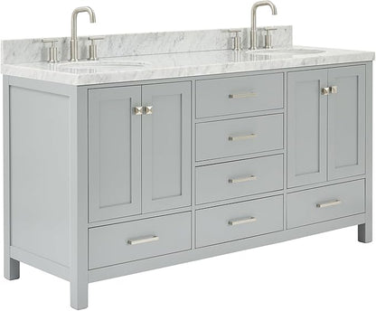 ARIEL Cambridge 66-inch Bathroom Vanity with Sink,Solid Wood, 1.5-inch Italian Carrara Marble Countertop & Backsplash, Double Oval Porcelain Sink, 4 Soft Closing Doors, 6 Dovetail Drawers, Grey