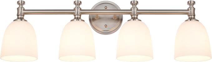 Bathroom Vanity Light, 4-Light Bathroom Light Fixtures Over Mirror, Traditional Vanity Lights for Living Room, Milk White Bell Glass Shades, Standard E26 Base, Brushed Nickel