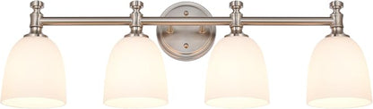 Bathroom Vanity Light, 4-Light Bathroom Light Fixtures Over Mirror, Traditional Vanity Lights for Living Room, Milk White Bell Glass Shades, Standard E26 Base, Brushed Nickel