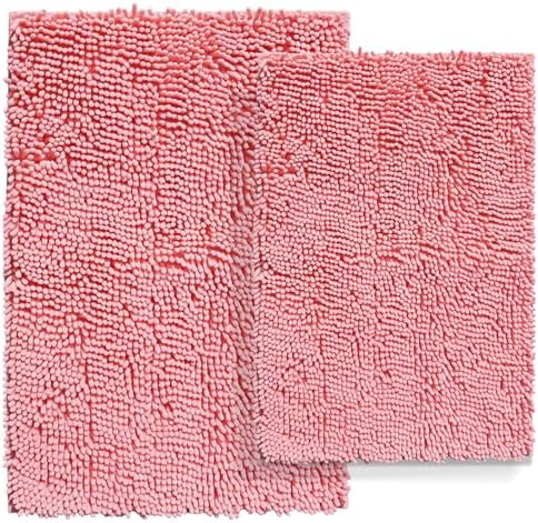 RUN HELIX Pink Bath Rug Set 2 Piece, Thick Soft Absorbent Chenille, PVC Backing Quick Dry Microfiber Mats, Machine Washable Mats for Shower Floor, Shaggy Bathroom Runner Bathmat Accessories Decor
