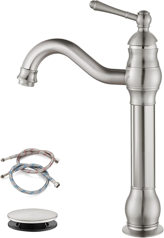 gotonovo Vessel Sink Faucet 360° Swivel Spout Single Handle Tall Bathroom Faucet 1 Hole Farmhouse Lavatory Washbasin Mixer Tap Matching Supply Hoses, with Pop Up Drain, Brushed Nickel