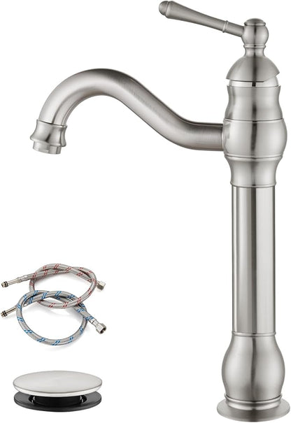 gotonovo Vessel Sink Faucet 360° Swivel Spout Single Handle Tall Bathroom Faucet 1 Hole Farmhouse Lavatory Washbasin Mixer Tap Matching Supply Hoses, with Pop Up Drain, Brushed Nickel