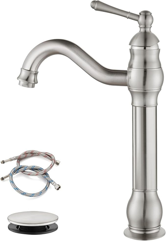gotonovo Vessel Sink Faucet 360° Swivel Spout Single Handle Tall Bathroom Faucet 1 Hole Farmhouse Lavatory Washbasin Mixer Tap Matching Supply Hoses, with Pop Up Drain, Brushed Nickel